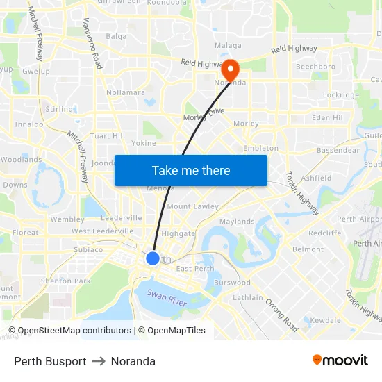 Perth Busport to Noranda map