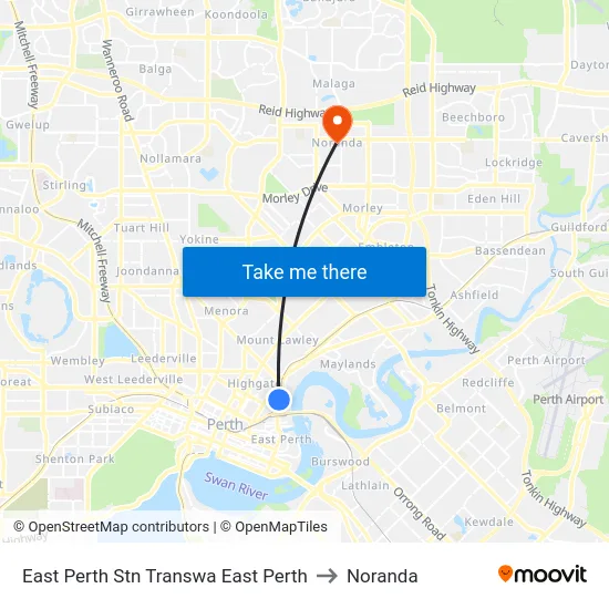 East Perth Stn Transwa East Perth to Noranda map