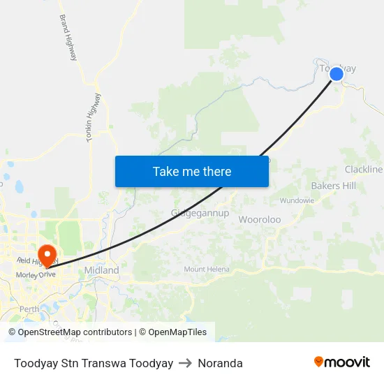 Toodyay Stn Transwa Toodyay to Noranda map