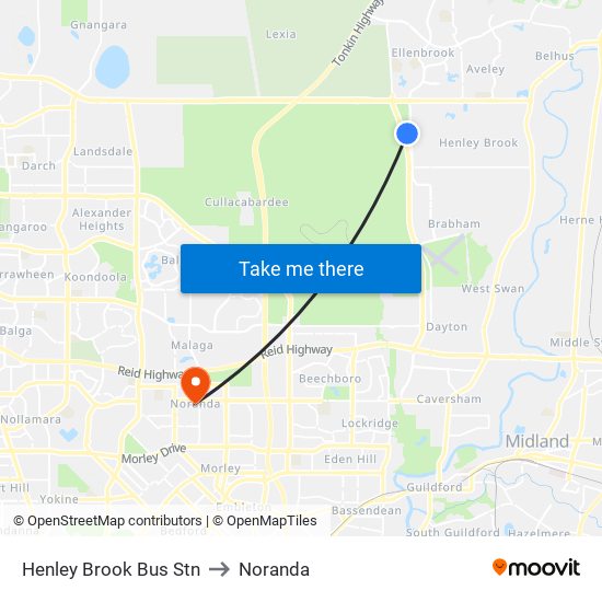 Henley Brook Bus Stn to Noranda map