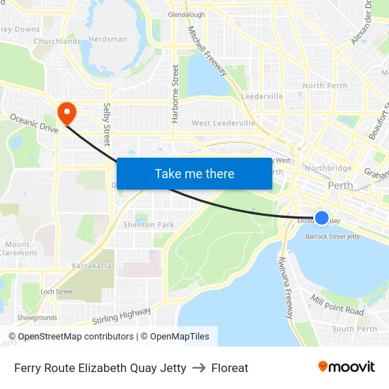 Ferry Route Elizabeth Quay Jetty to Floreat map