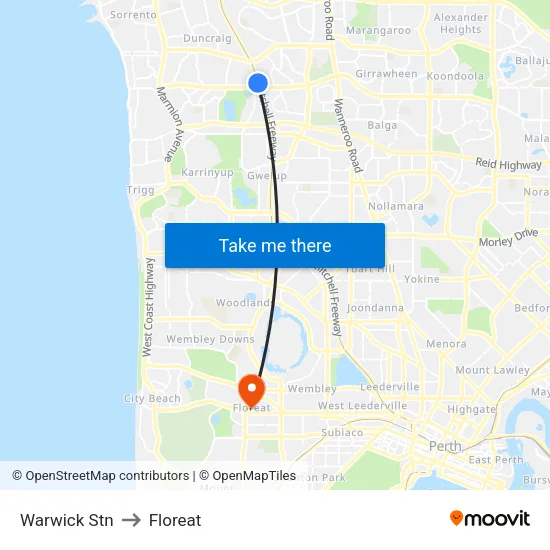 Warwick Stn to Floreat map