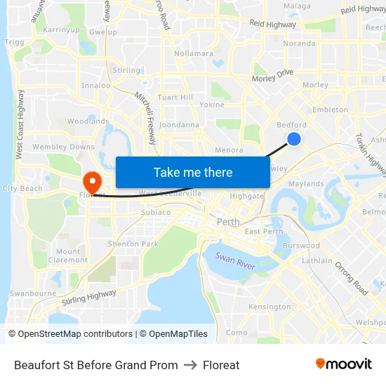 Beaufort St Before Grand Prom to Floreat map