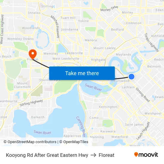 Kooyong Rd After Great Eastern Hwy to Floreat map