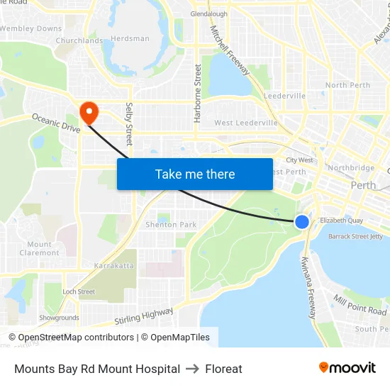 Mounts Bay Rd Mount Hospital to Floreat map