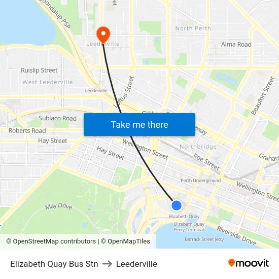 Elizabeth Quay Bus Stn to Leederville map