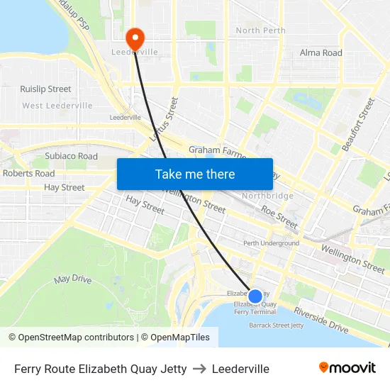 Ferry Route Elizabeth Quay Jetty to Leederville map