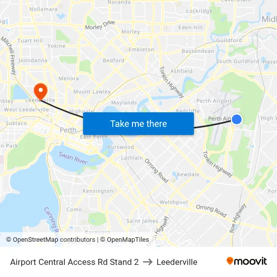 Airport Central Access Rd Stand 2 to Leederville map