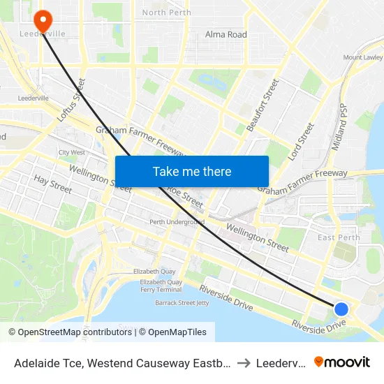 Adelaide Tce, Westend Causeway Eastbound to Leederville map