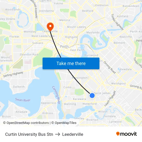 Curtin University Bus Stn to Leederville map