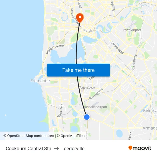 Cockburn Central Stn to Leederville map