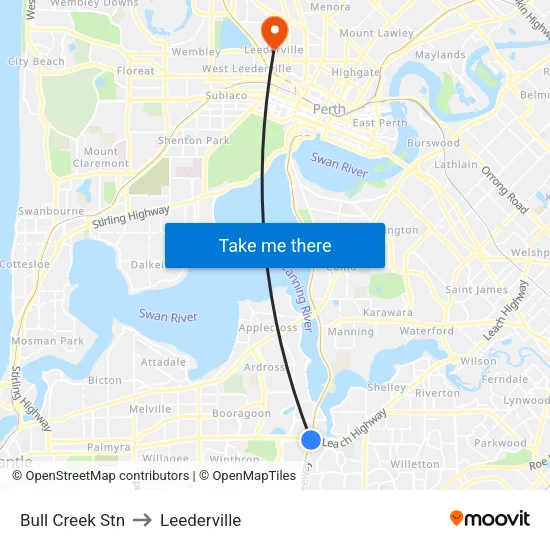 Bull Creek Stn to Leederville map