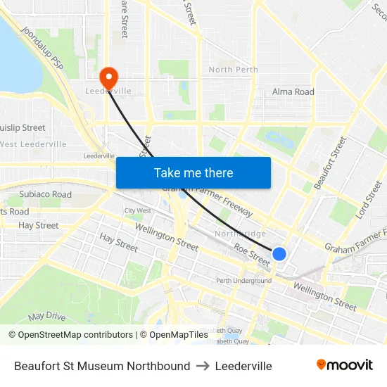 Beaufort St Museum Northbound to Leederville map