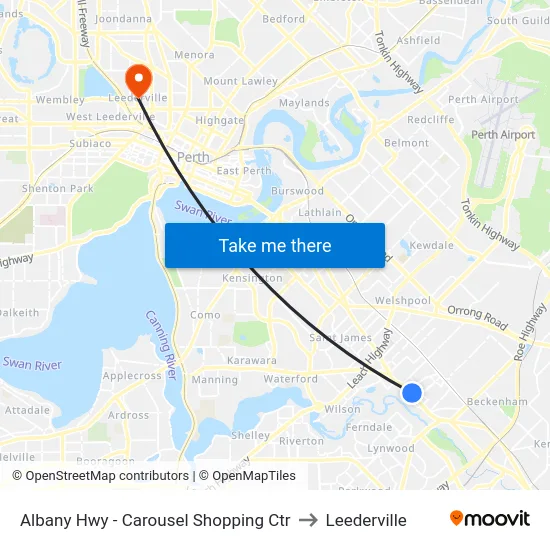Albany Hwy - Carousel Shopping Ctr to Leederville map