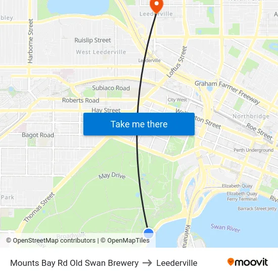 Mounts Bay Rd Old Swan Brewery to Leederville map