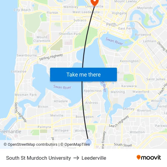 South St Murdoch University to Leederville map