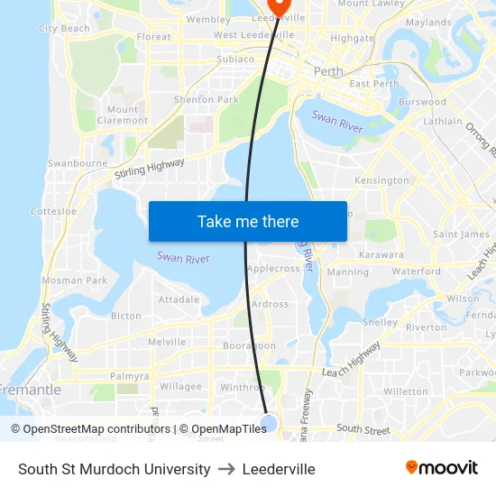 South St Murdoch University to Leederville map