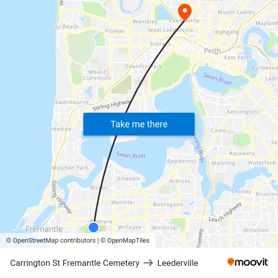 Carrington St Fremantle Cemetery to Leederville map