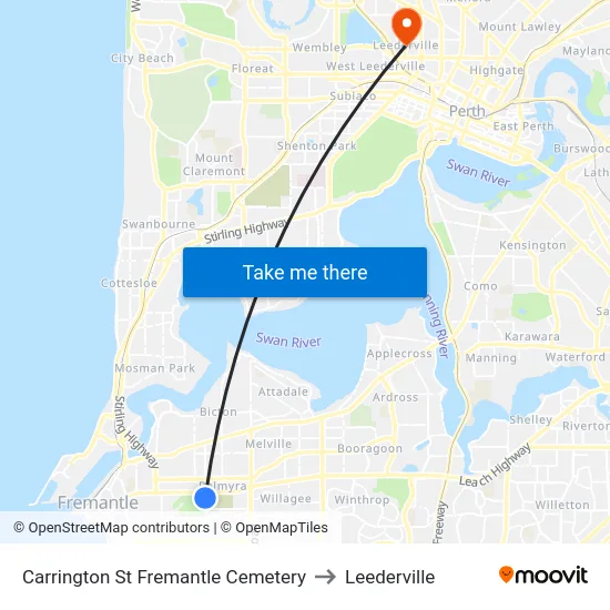 Carrington St Fremantle Cemetery to Leederville map