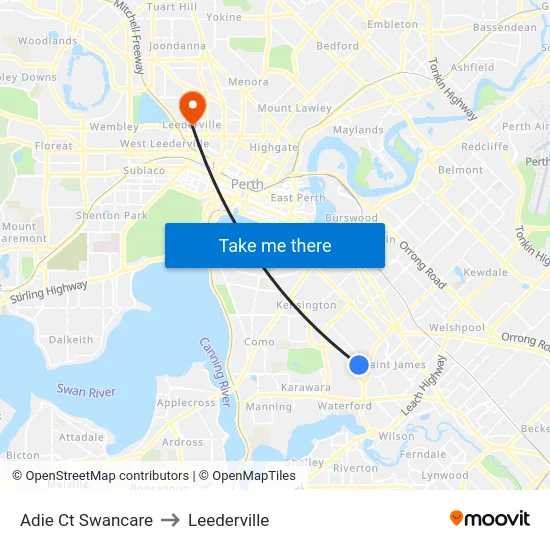 Adie Ct Swancare to Leederville map