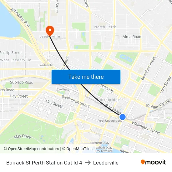 Barrack St Perth Station Cat Id 4 to Leederville map