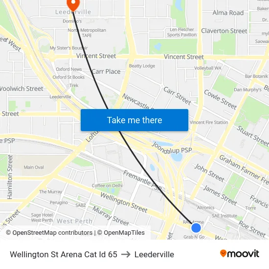 Wellington St Arena Cat Id 65 to Leederville map