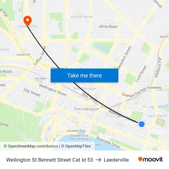 Wellington St Bennett Street Cat Id 53 to Leederville map