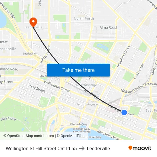 Wellington St Hill Street Cat Id 55 to Leederville map