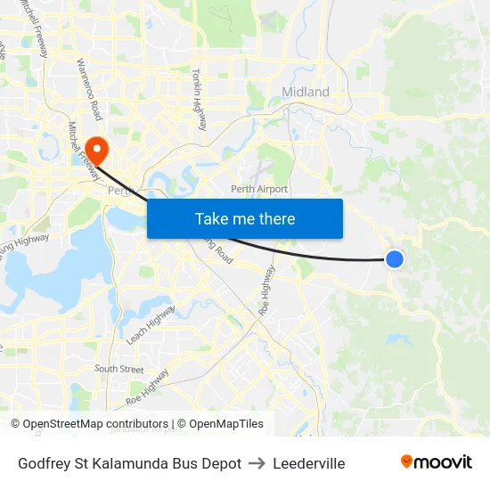 Godfrey St Kalamunda Bus Depot to Leederville map