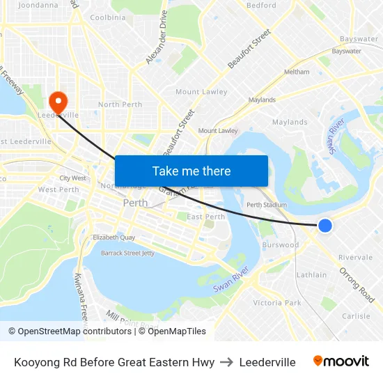 Kooyong Rd Before Great Eastern Hwy to Leederville map