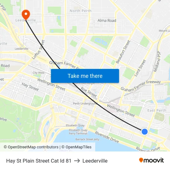 Hay St Plain Street Cat Id 81 to Leederville map