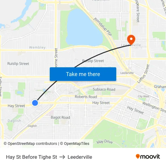 Hay St Before Tighe St to Leederville map