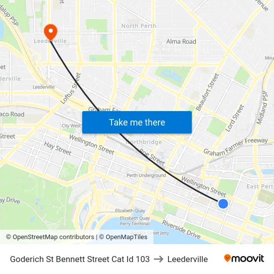 Goderich St Bennett Street Cat Id 103 to Leederville map
