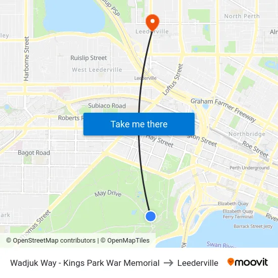 Wadjuk Way - Kings Park War Memorial to Leederville map