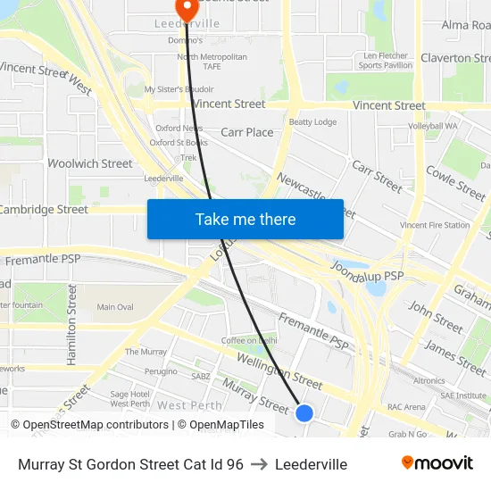 Murray St Gordon Street Cat Id 96 to Leederville map
