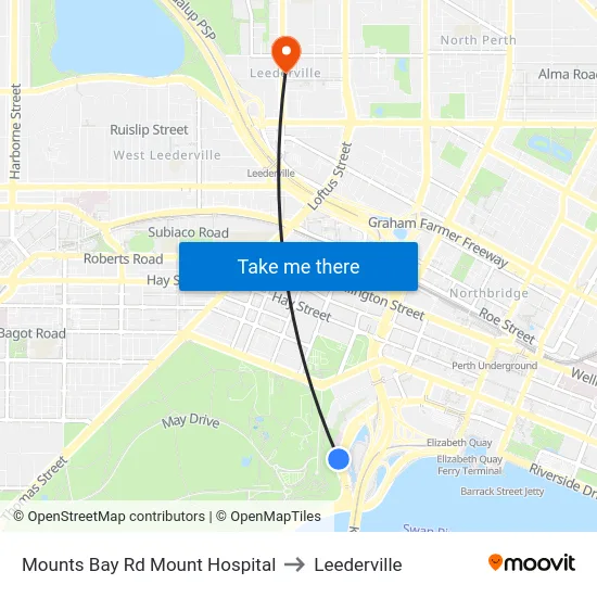 Mounts Bay Rd Mount Hospital to Leederville map