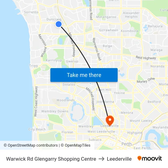 Warwick Rd Glengarry Shopping Centre to Leederville map