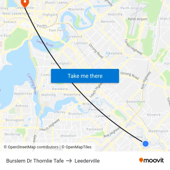 Burslem Dr Thornlie Tafe to Leederville map
