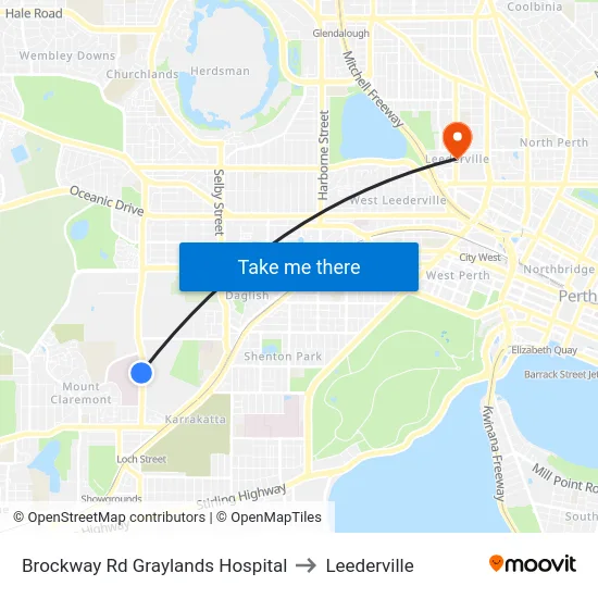 Brockway Rd Graylands Hospital to Leederville map