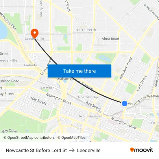 Newcastle St Before Lord St to Leederville map