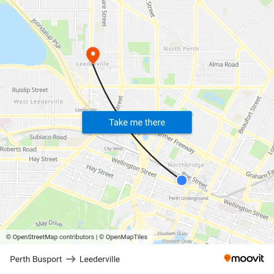 Perth Busport to Leederville map