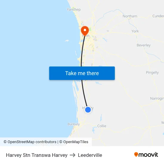 Harvey Stn Transwa Harvey to Leederville map