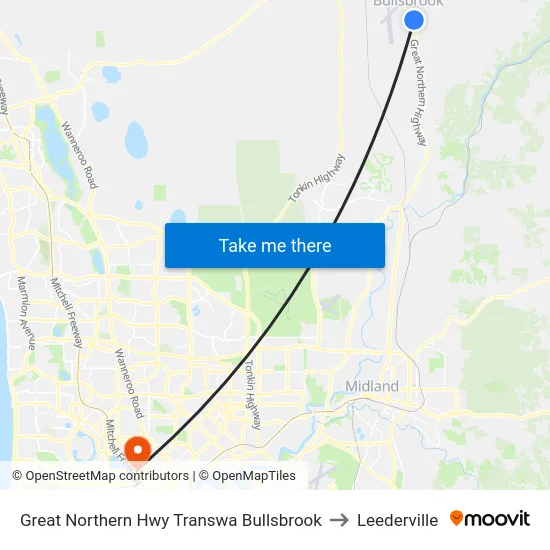 Great Northern Hwy Transwa Bullsbrook to Leederville map