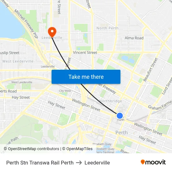Perth Stn Transwa Rail Perth to Leederville map