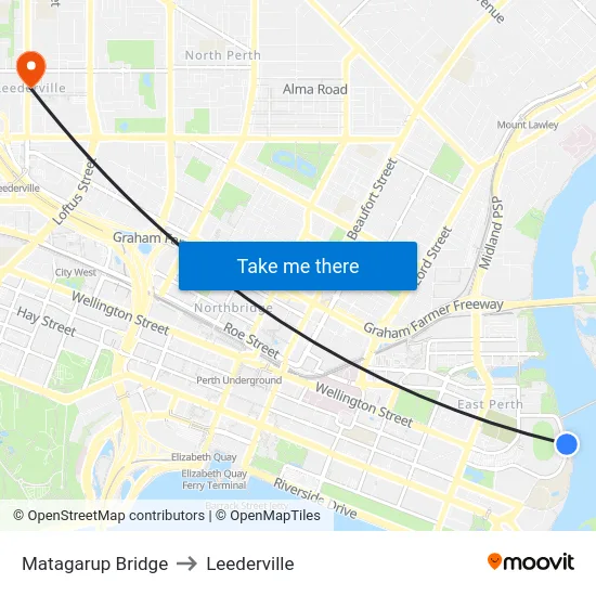 Matagarup Bridge to Leederville map