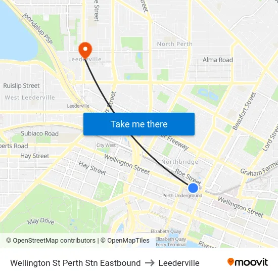 Wellington St Perth Stn Eastbound to Leederville map