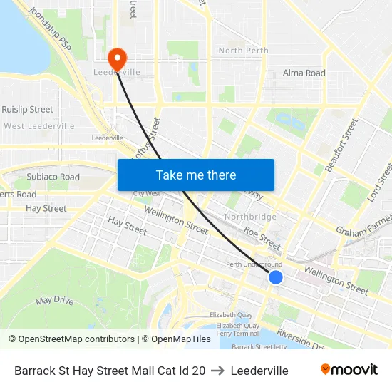 Barrack St Hay Street Mall Cat Id 20 to Leederville map