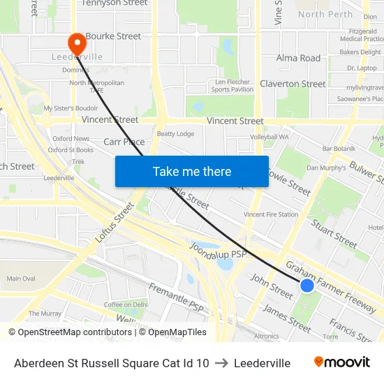 Aberdeen St Russell Square Cat Id 10 to Leederville map