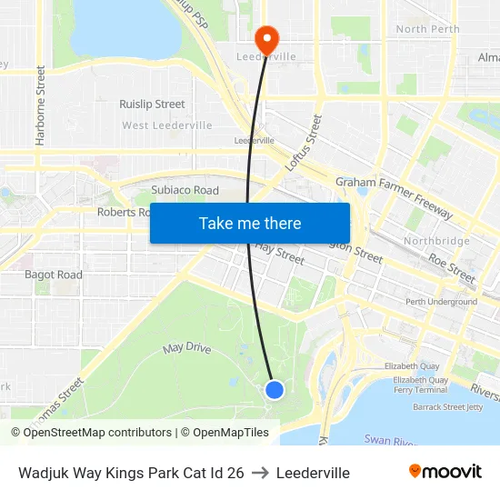 Wadjuk Way Kings Park Cat Id 26 to Leederville map