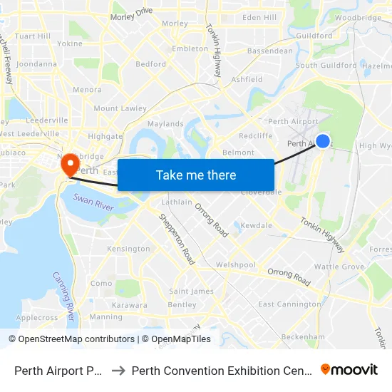 Perth Airport PER to Perth Convention Exhibition Centre map
